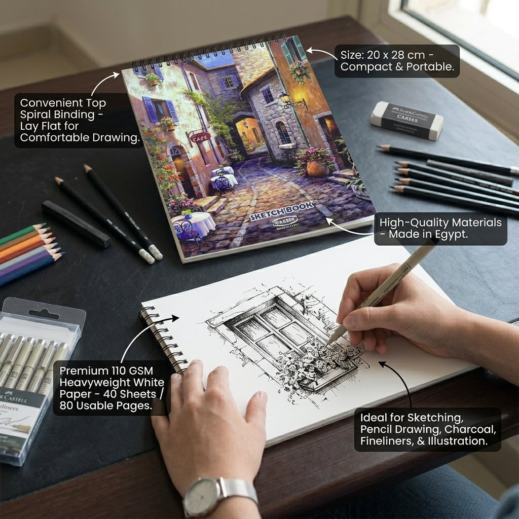 YASSIN Premium Spiral Sketch Book – 20 × 28 cm, 40 Sheets, 110 GSM Paper, Top Spiral Drawing Pad for Artists & Students