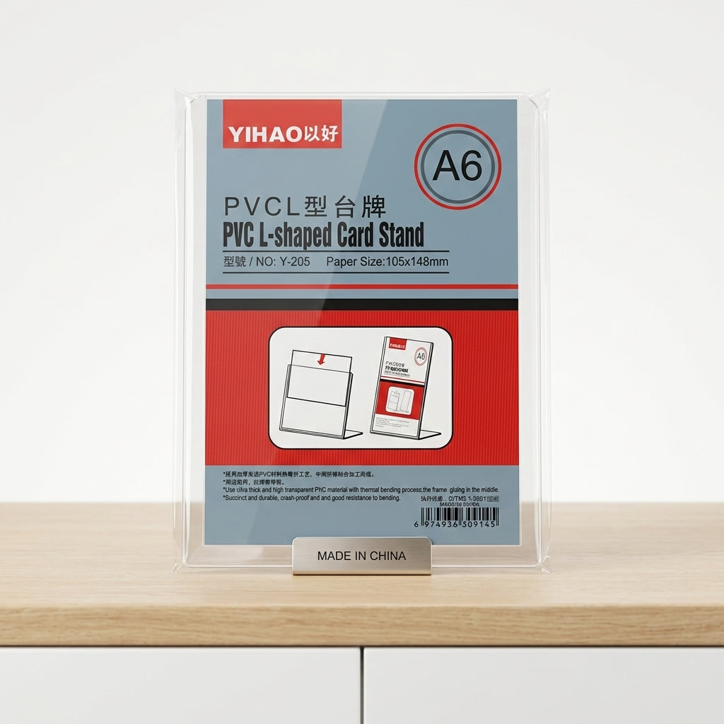 YIHAO A6 PVC L-Shaped Card Stand – Clear Vertical Document & Sign Holder - Size: 105 × 148 mm - No: Y-205