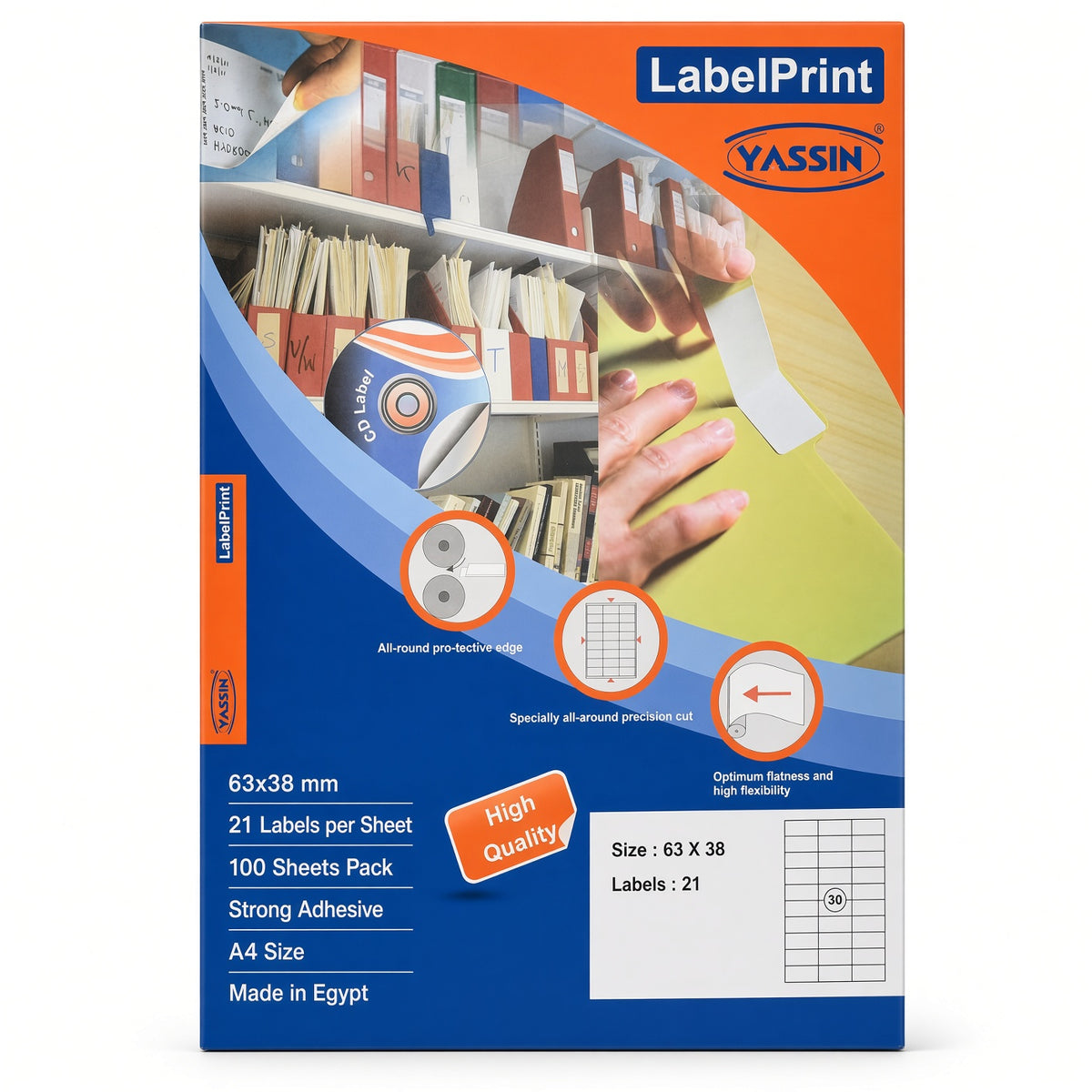 Yassin Professional Medium Adhesive Label Sticker,63x38 mm With Premium Material - Size: A4 - 21 Labels per Sheet - 100 sheets - No: 0932