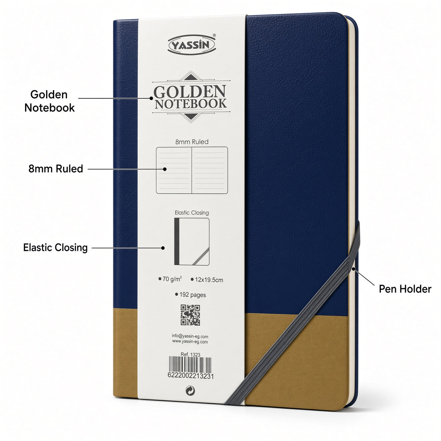YASSIN Golden Notebook – A5 Ruled Notebook, 192 Pages, 8 mm Lines, 70 GSM, Elastic Closure, Pen Holder, 12 × 19.5 cm - No: 1323