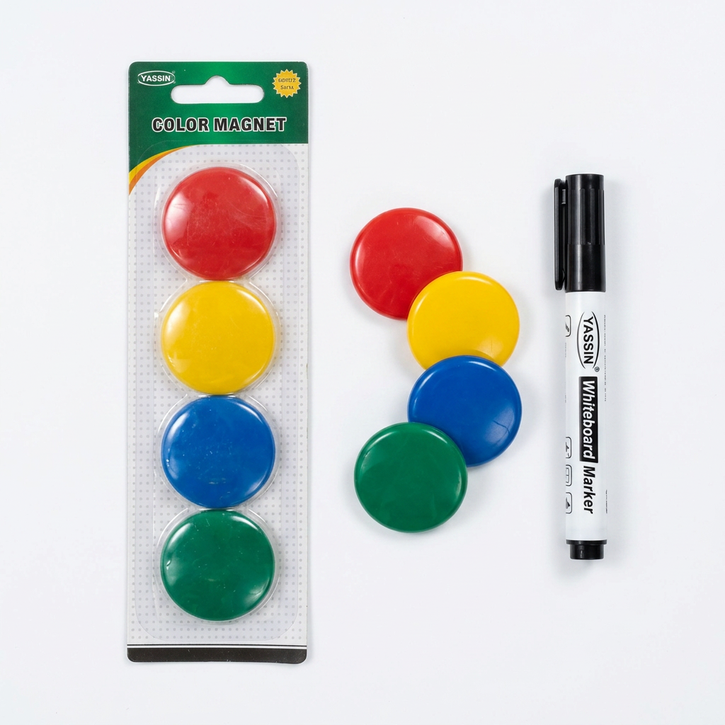 Yassin pack of 4 colorful whiteboard magnets flatlay beside a marker