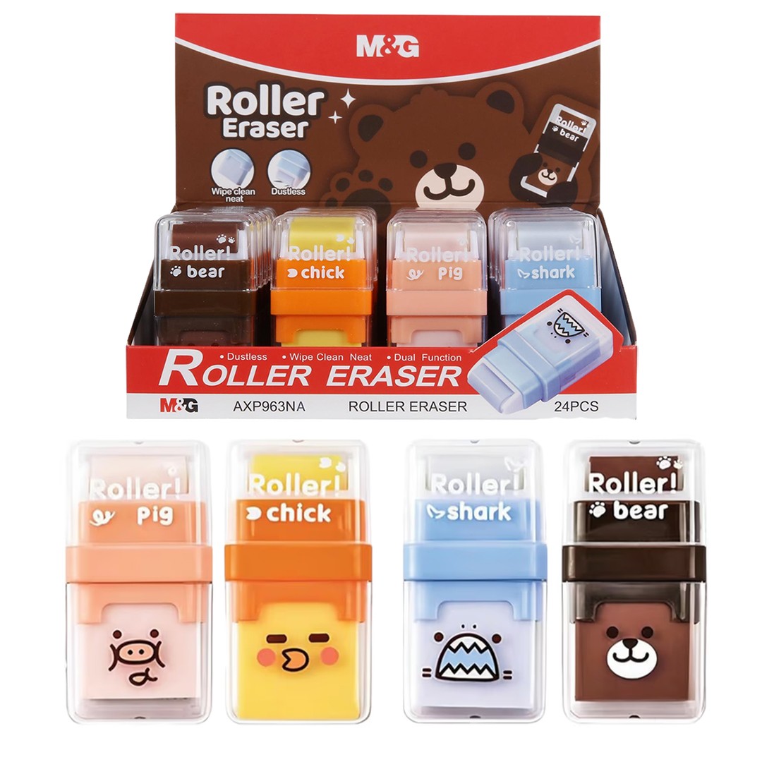 M&G Chenguang Roller Eraser with Dust Cleaning Roller – Cute Animal Design, Dustless PVC Eraser for School, Office & Drawing - 1pcs - No: AXP963NA