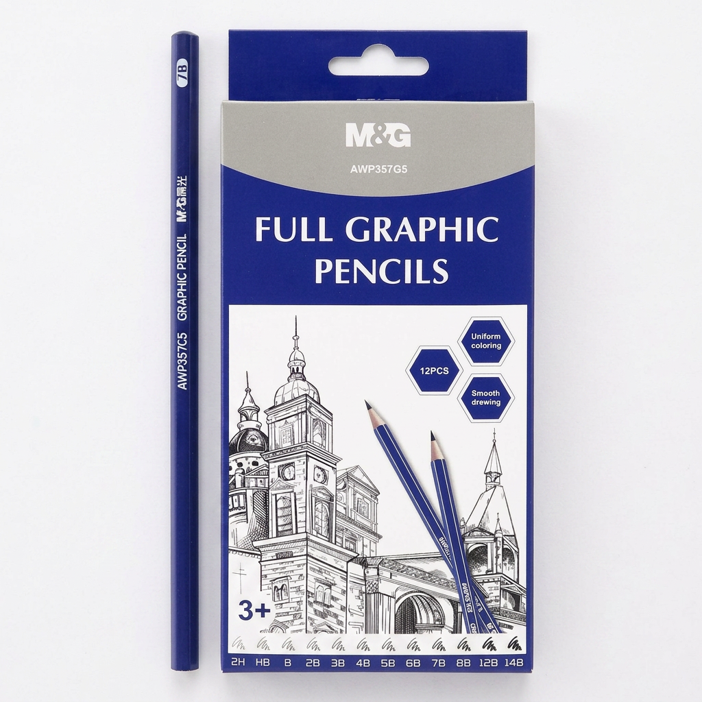 M&G graphite pencil set of 12 (2H to 14B) flatlay with graded shading