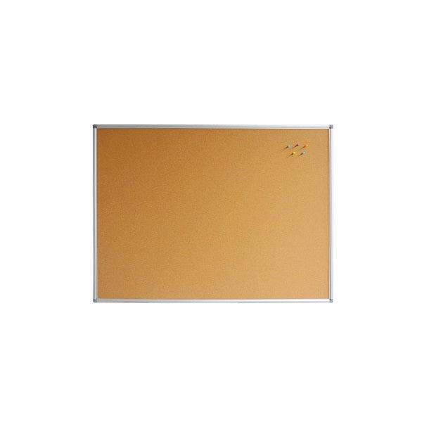 Cork bulletin board with metallic frame on a white background