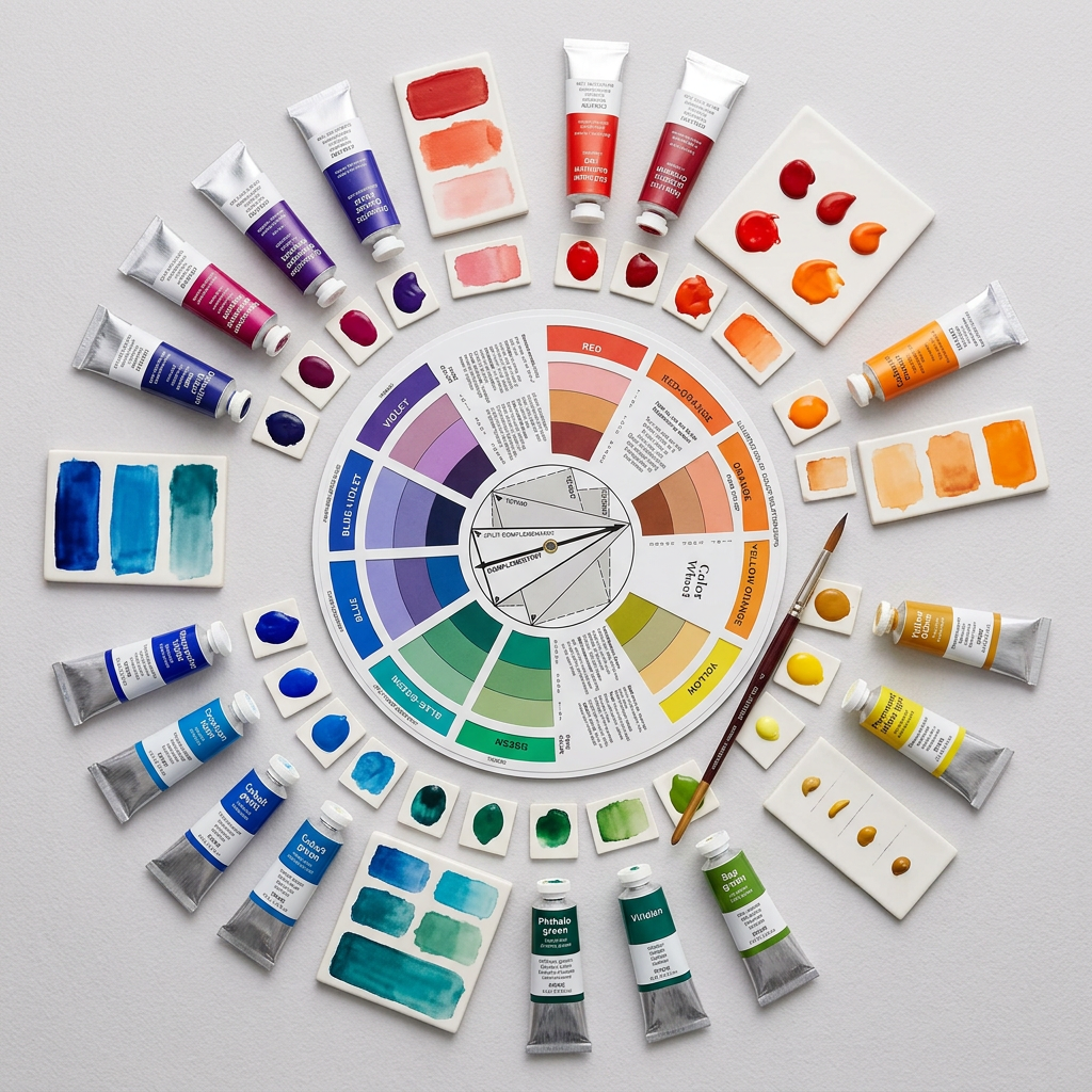 Creative paint color wheel flatlay with paint tubes and palette