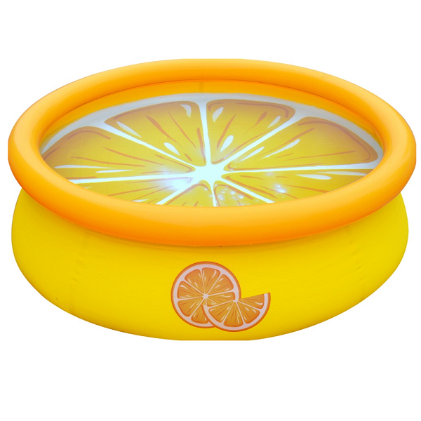 Yellow inflatable pool with lemon slice design on a white background
