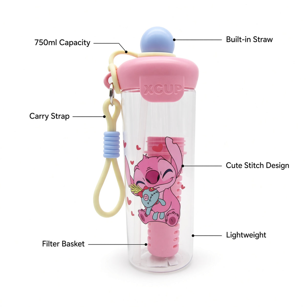 Cute Cartoon Water Bottle with Straw & Carry Strap – 750ml - 1pcs - Assorted Color