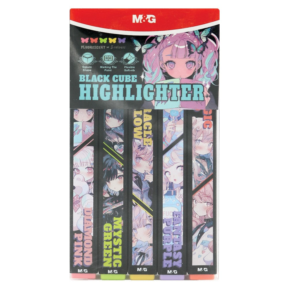 M&G Chenguang Highlighter BLACK CUBE fluorescent Fantasy Set of 5 - No:AHMU1675