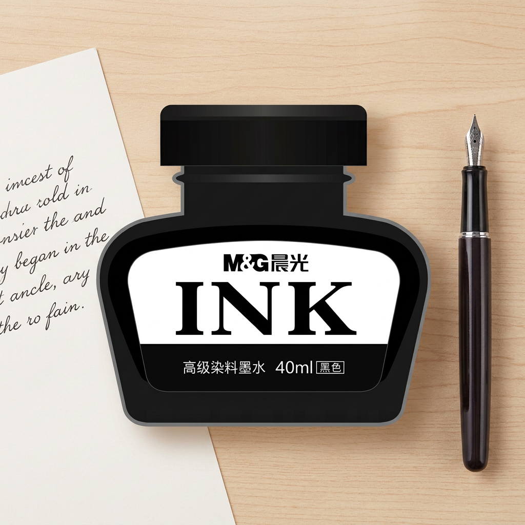 M&G Advanced black dye ink 40ml bottle flatlay beside a fountain pen