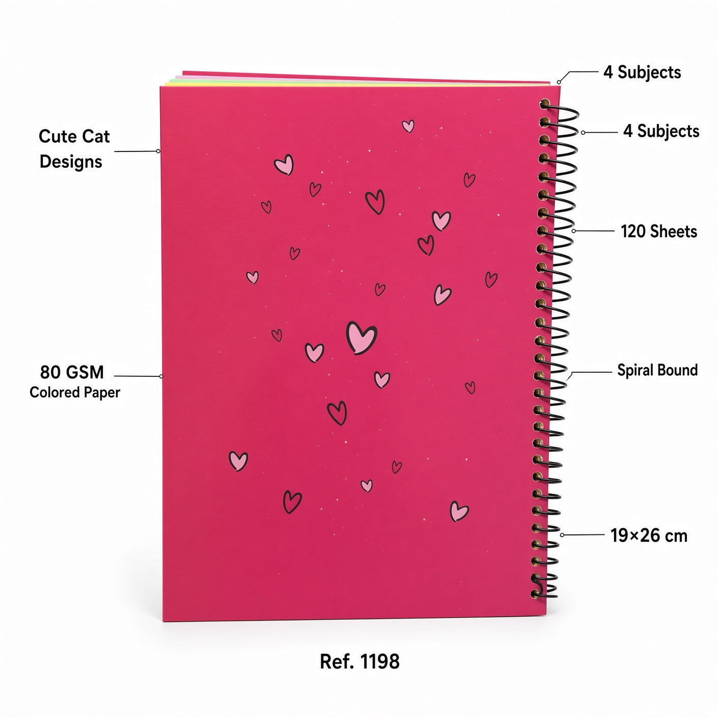 YASSIN So many cats Spiral Notebook – Colored Paper, 4 Subjects, 120 Sheets, 19 × 26 cm, 80 GSM - 1pcs - No: 1198