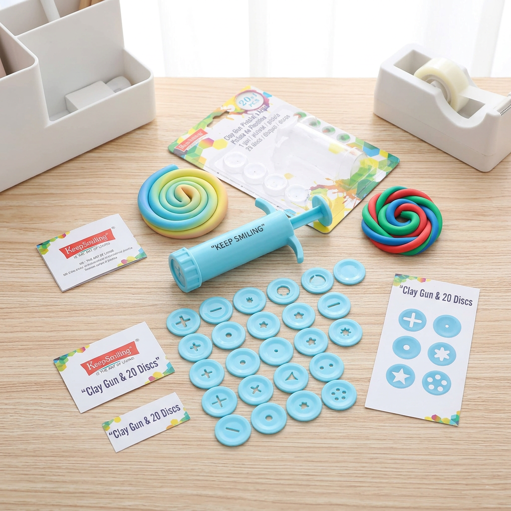 Keep Smiling clay extruder gun with shaping discs flatlay