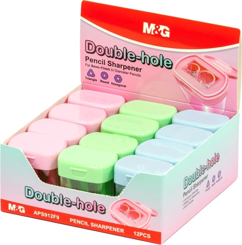 M&G Chenguang Double Hole Pencil Sharpener with Container – Dual-Hole Sharpener for Standard & Thick Pencils - 1pcs - No: APS912F9
