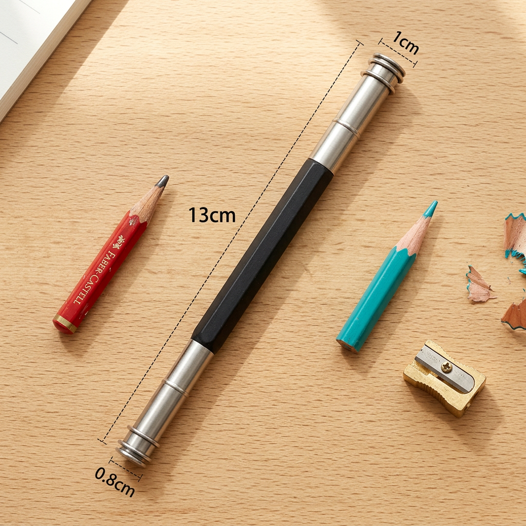 Adjustable dual-head pencil extender holders flatlay with short pencils