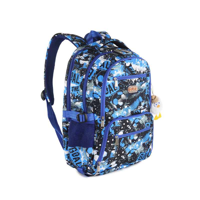 Elite Casual Backpack Big Capacity Backpack fit 15.6 inch Laptop size 19 inch With plush keychain - blue and black soccer-themed design.