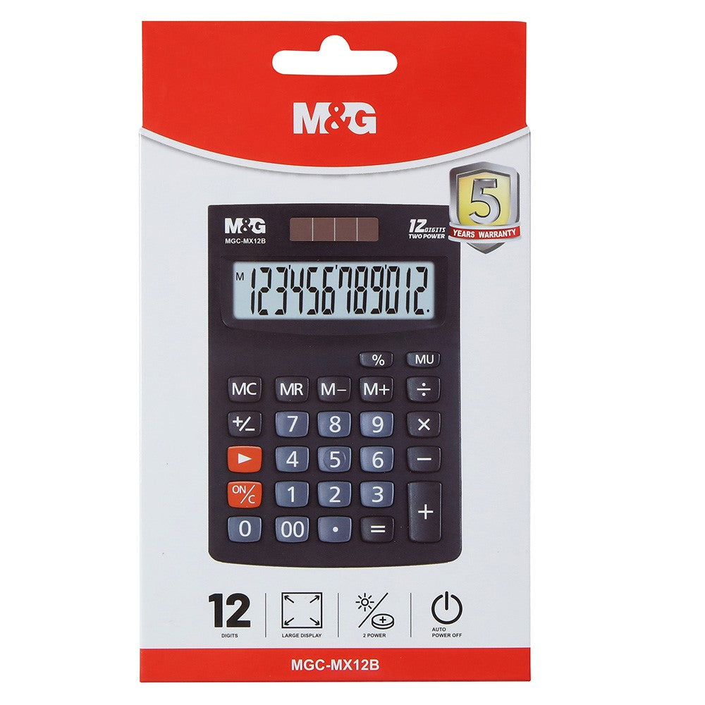 M&G Chenguang MGC-MX12B Desktop Calculator, 12-Digit Display – Dual Power Solar & Battery, Large LCD, Black - No: ADG981J1
