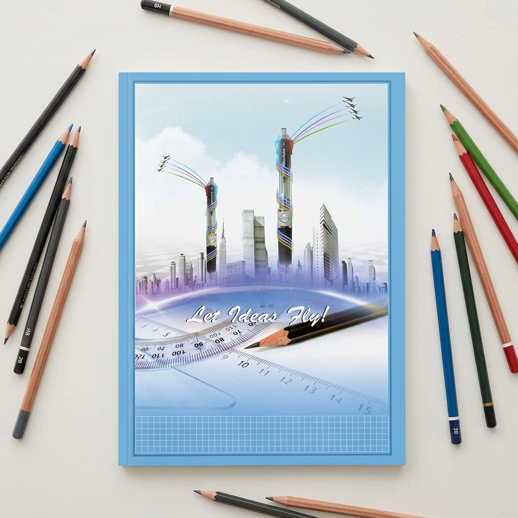 Yassin square sketchbook flatlay with pencils