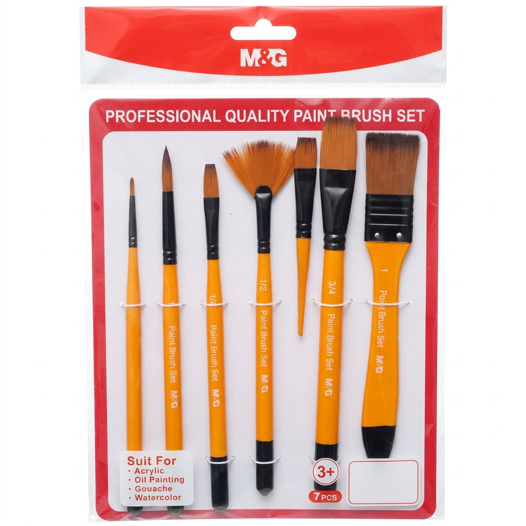 M&G set of 7 paint brushes flatlay with palette and swatches