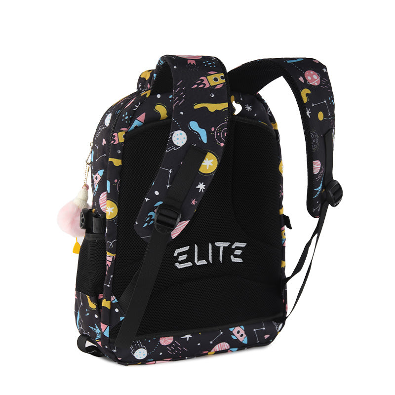 Elite Casual Backpack Big Capacity Backpack fit 15.6 inch Laptop size 19 inch With plush keychain - Celestial-themed pattern / Black