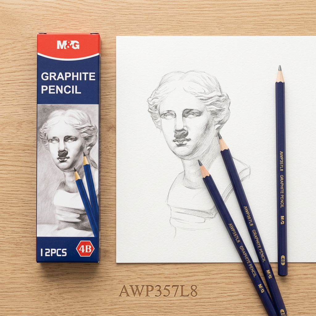M&G 4B graphite pencils flatlay with pencil sketch