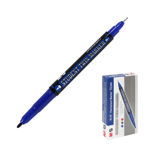M&G Chenguang Permanent Student Twin Marker - Double Tip Broad and Extra Fine, Waterproof, Quick Drying - Blue - No: APMV7471