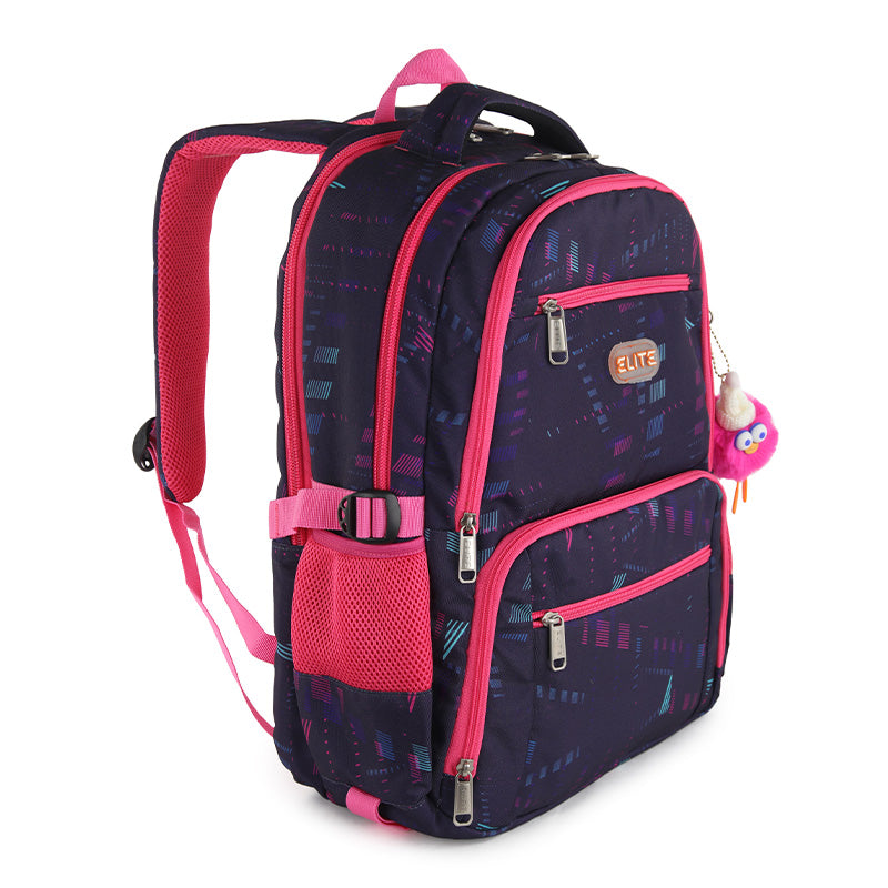 Elite Casual Backpack Big Capacity Backpack fit 15.6 inch Laptop size 19 inch With plush keychain - Geometric pattern of pink