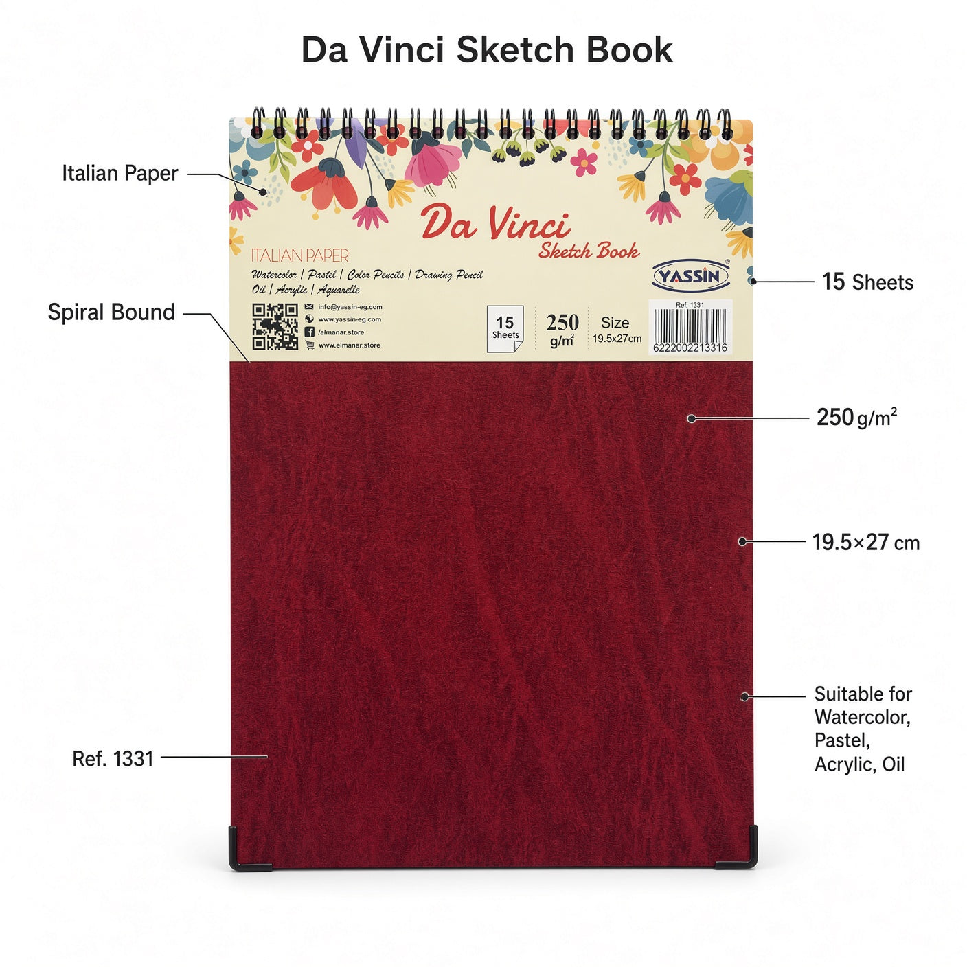 YASSIN Da Vinci Spiral Sketch Book – Italian Paper, 15 Sheets, 250 GSM, 19.5 × 27 cm - No: 1331