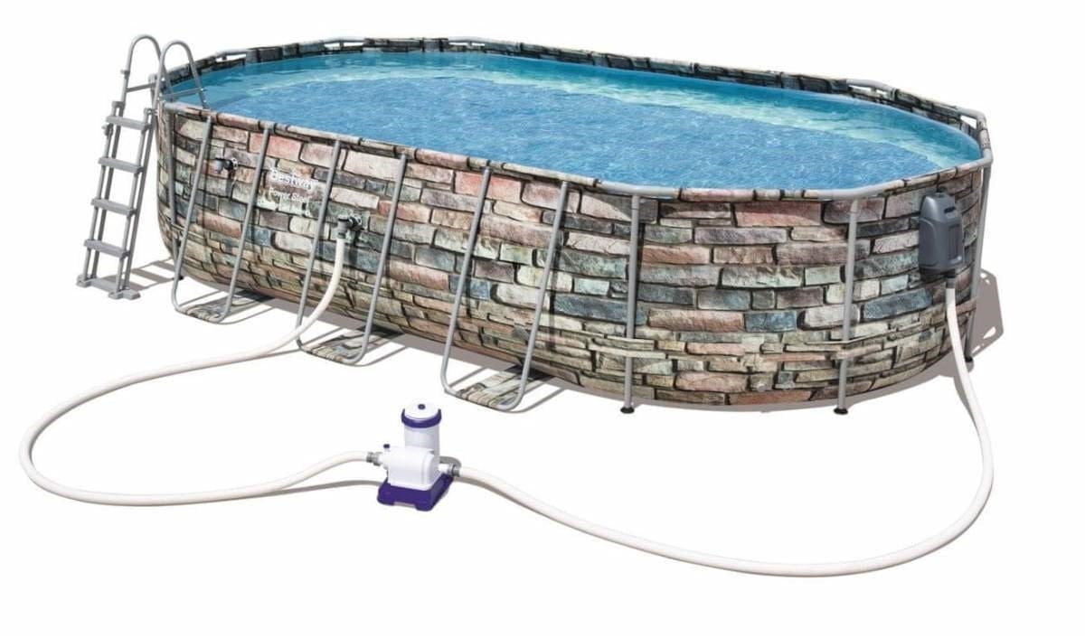 مجموعة حمام سباحة بيضاوي الشكل من الفولاذ المقاوم للصدأ من بيست واي، مقاس 610×366×122 سم - رقم: 56719