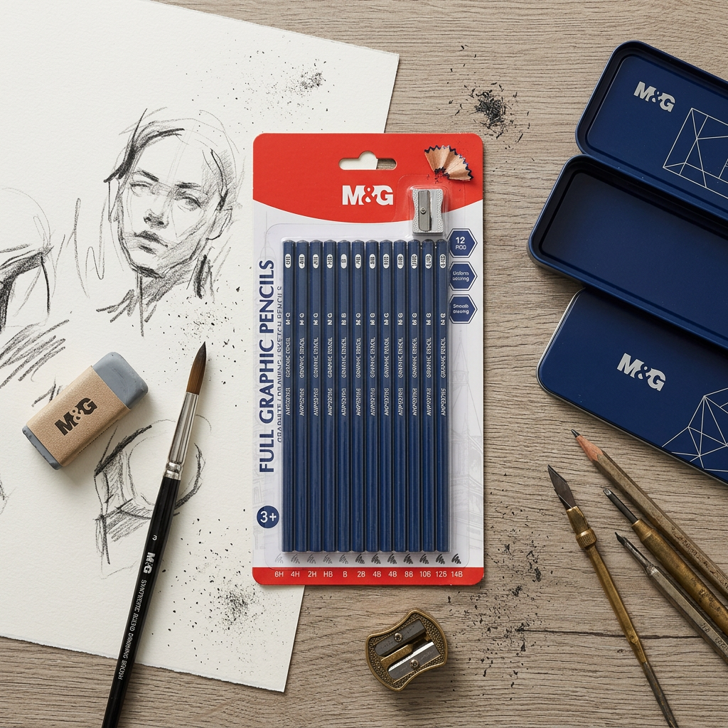 M&G set of 12 black graphite pencils with sharpener flatlay