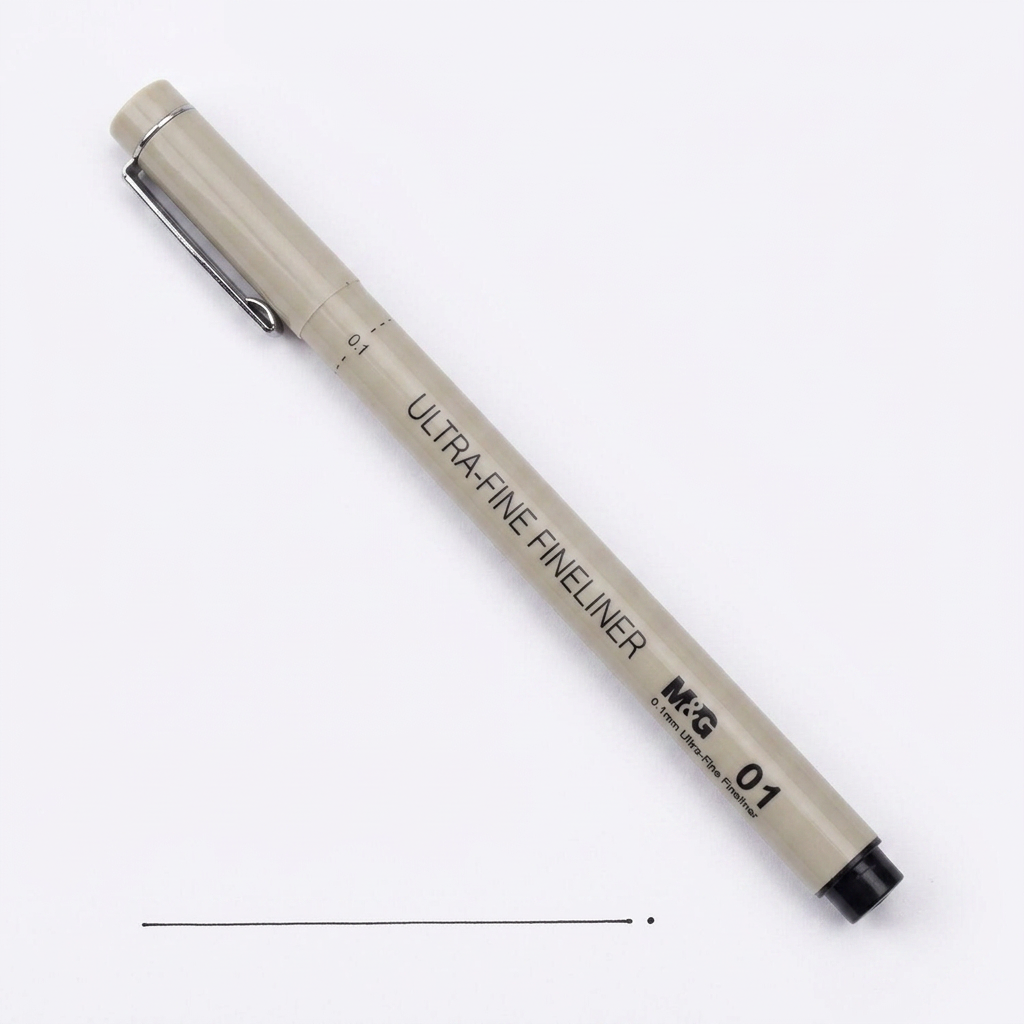 M&G 0.1mm ultra-fine fineliner pen flatlay with line-art drawing