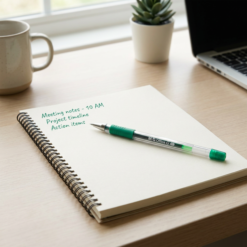 M&G Office G 0.5mm green gel pen No.13271 on notebook - lifestyle