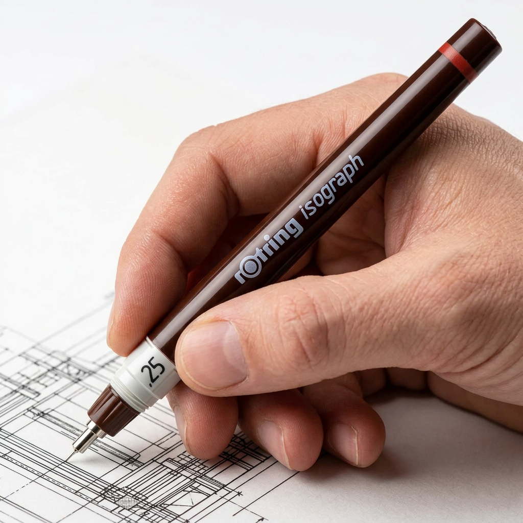 Rotring Isograph technical pen drawing precise lines on a technical drawing
