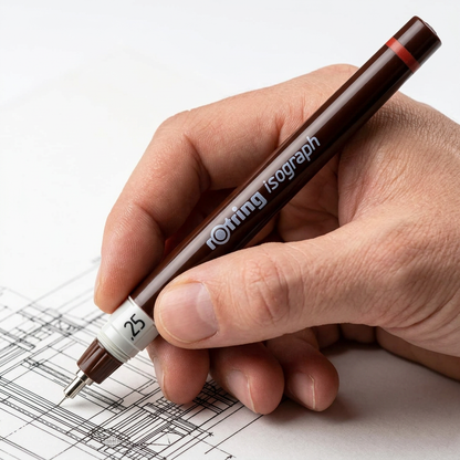 Rotring Isograph technical pen drawing precise lines on a technical drawing