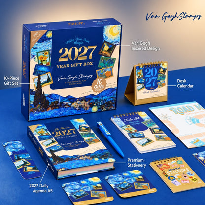 Mofakera Van Gogh Stamps Year Gift Box 2027 – Luxury A5 Daily Planner & 10-Piece Stationery Gift Set - Blue ( Agenda )