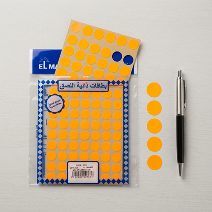 El Manar fluorescent orange dot labels pack flatlay with dots in a row