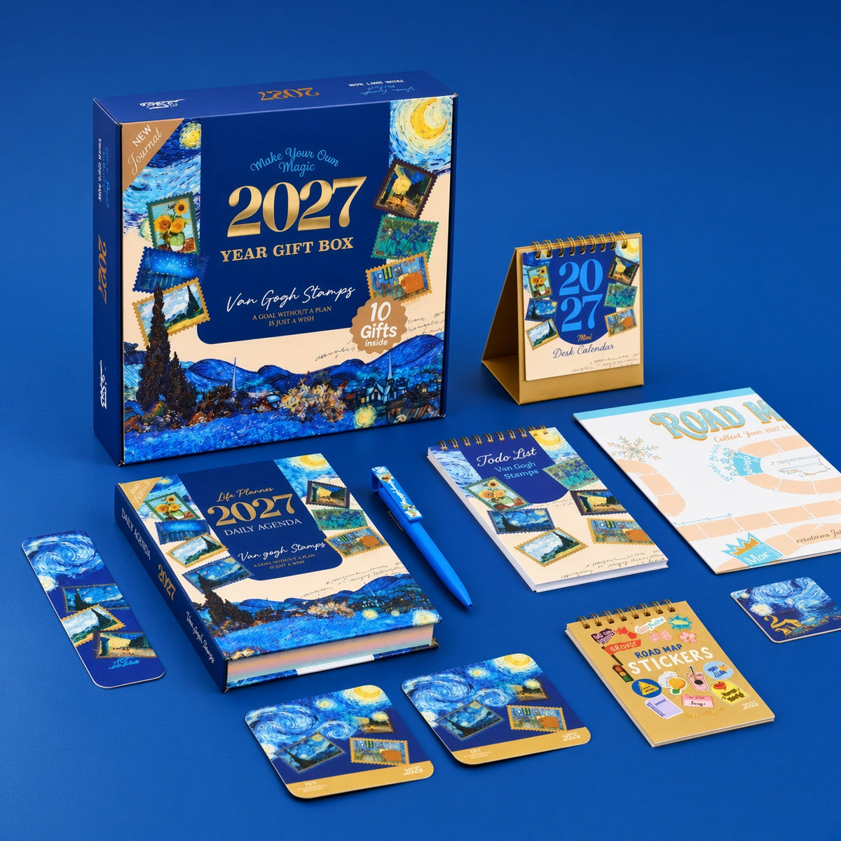Mofakera Van Gogh Stamps Year Gift Box 2027 – Luxury A5 Daily Planner & 10-Piece Stationery Gift Set - Blue ( Agenda )