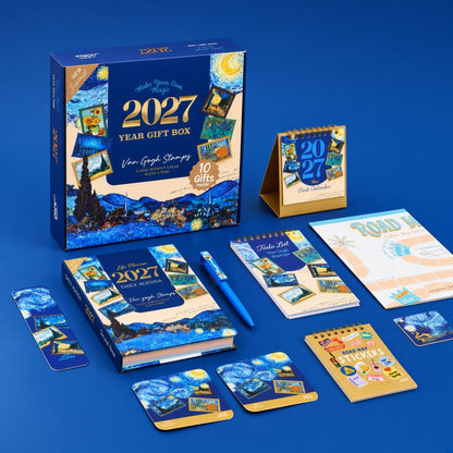 Mofakera Van Gogh Stamps Year Gift Box 2027 – Luxury A5 Daily Planner & 10-Piece Stationery Gift Set - Blue ( Agenda )