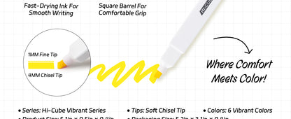 M&G Chenguang HI-CUBE Highlighters, 6 Pack Pastel Colors, Soft-Nib Chisel Tip with Fat Rectangular Barrel Design, No Bleed Highlighters for Journaling - No: AHMU1674