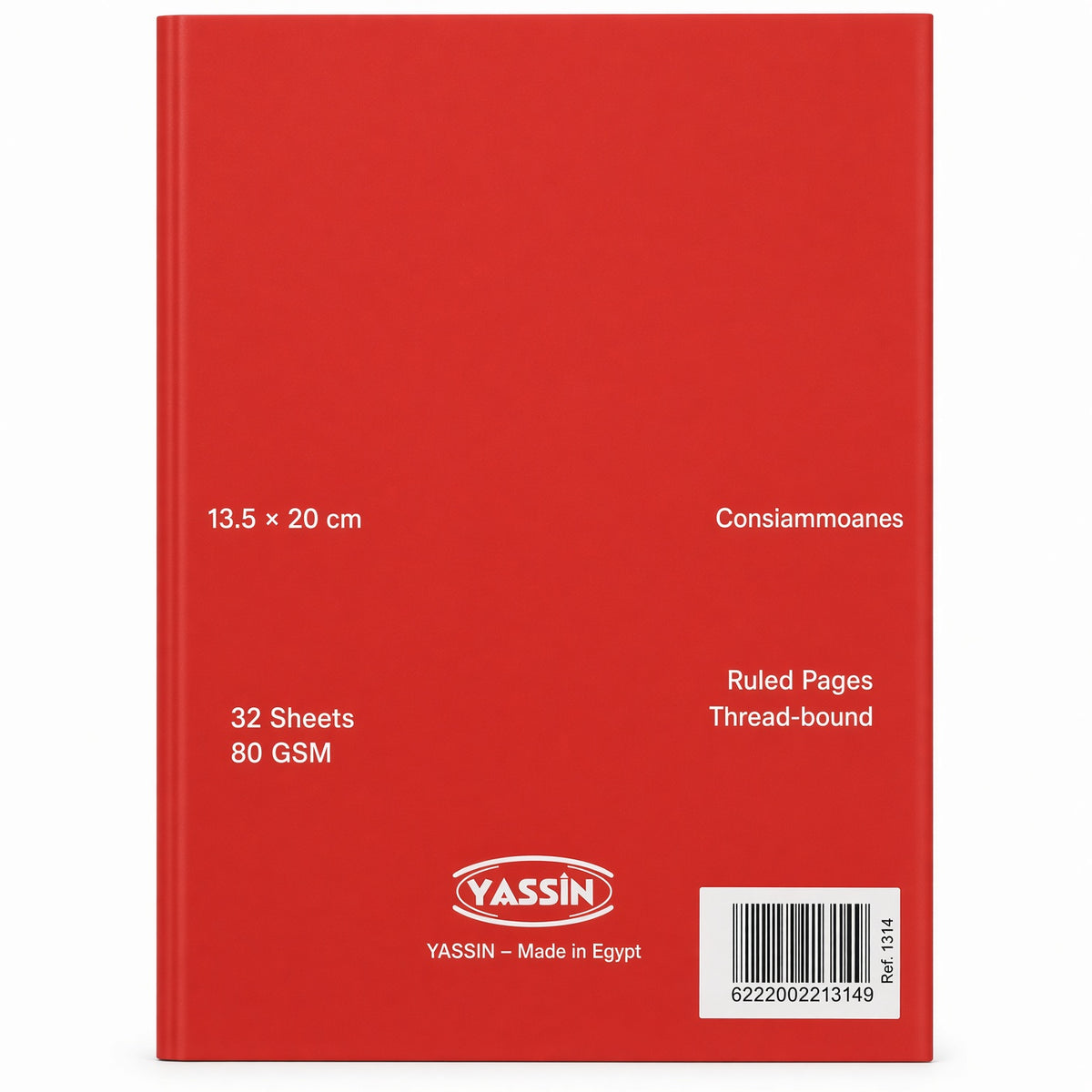 YASSIN Mini Thread-bound Notebook – 32 Sheets, 13.5 × 20 cm, 80 GSM – Ruled Notebook with Fun Red Cover - 1pcs - No: 1314