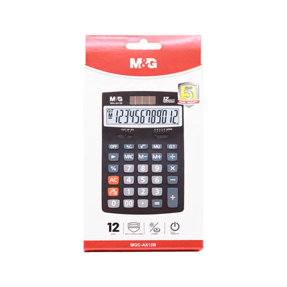 M&G Chenguang MGC-AX12B Desktop Calculator, 12-Digit Display, Dual Power, Large Buttons, Auto Power Off – Black - No: ADG981J4