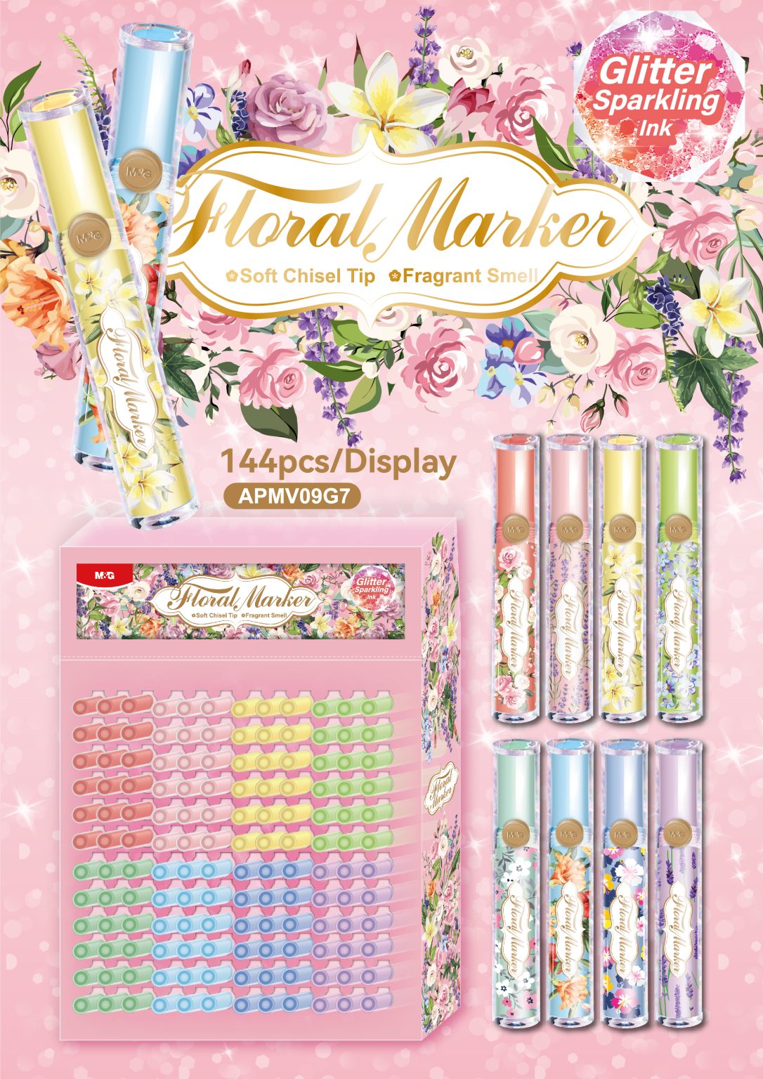 M&G Chenguang Floral Scented Glitter Highlighter Pen – Soft Chisel Tip, Fragrant Pastel Marker for Notes & Journaling - 1pcs - No: APMV09G7
