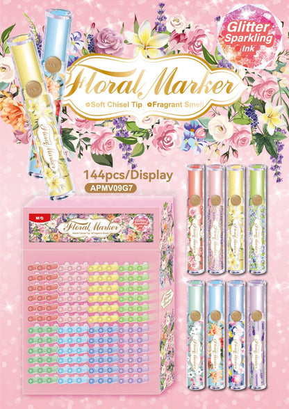 M&G Chenguang Floral Scented Glitter Highlighter Pen – Soft Chisel Tip, Fragrant Pastel Marker for Notes & Journaling - 1pcs - No: APMV09G7