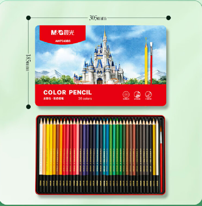 M&G Chenguang 36 Color Premium Watercolor Pencil With Blending Brush Metal Box - No:AWP343B5