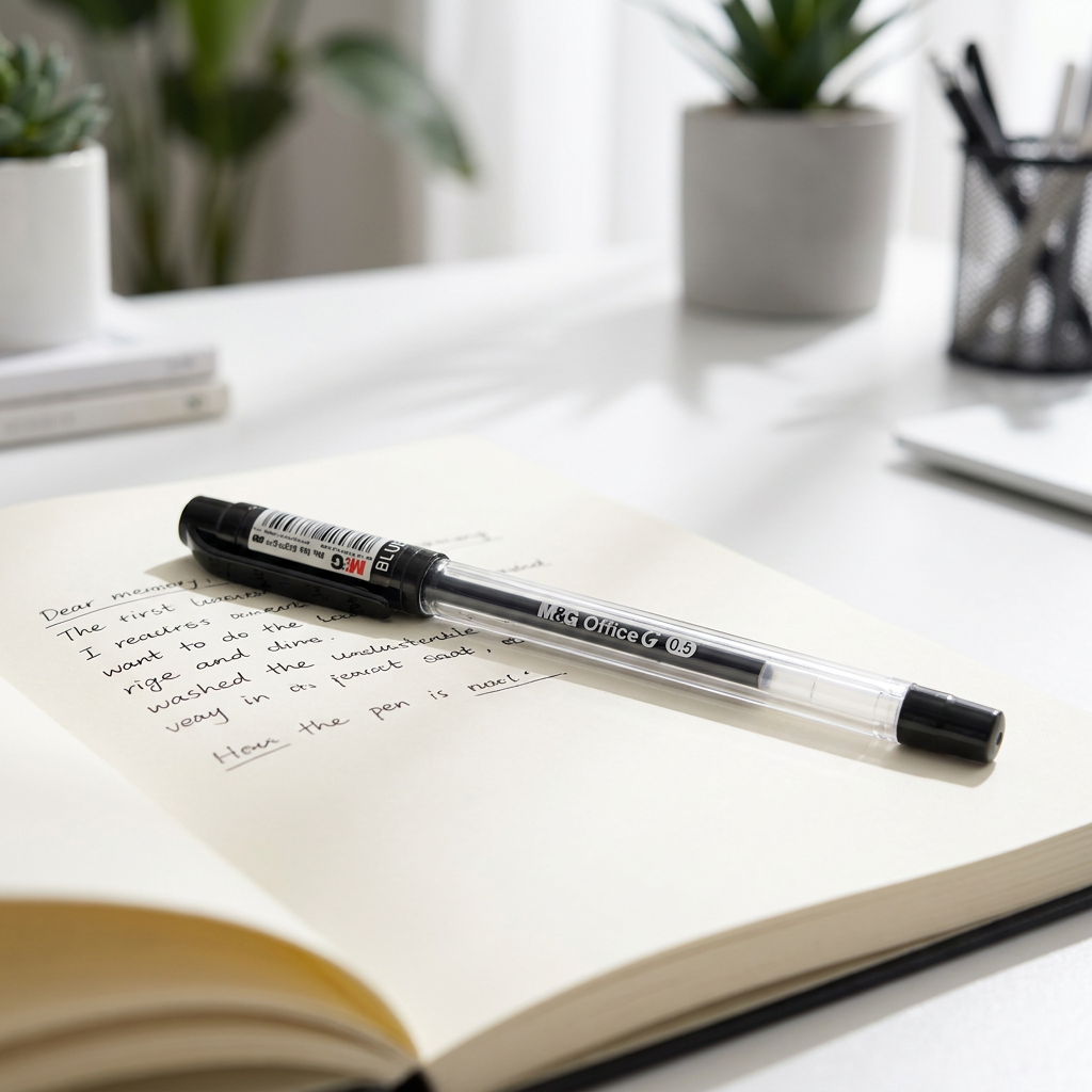 M&G Office G 0.5mm black gel pen No.13271 on notebook - lifestyle