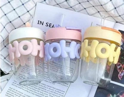Cute OHOI Kids Water Bottle with Straw Water Cup, Glass Cup, Straw Cup for Women, Cute Portable Heat Resistant Cup – 480ml
