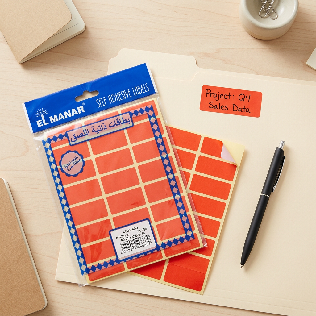 El Manar red 19x45mm labels pack flatlay with handwritten label and pen