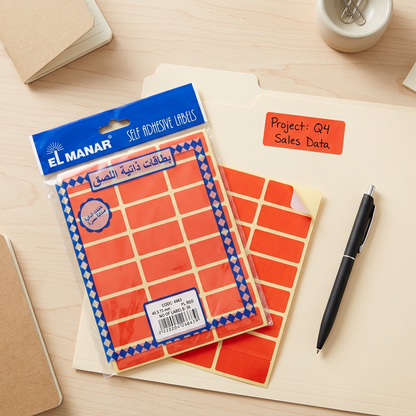 El Manar red 19x45mm labels pack flatlay with handwritten label and pen
