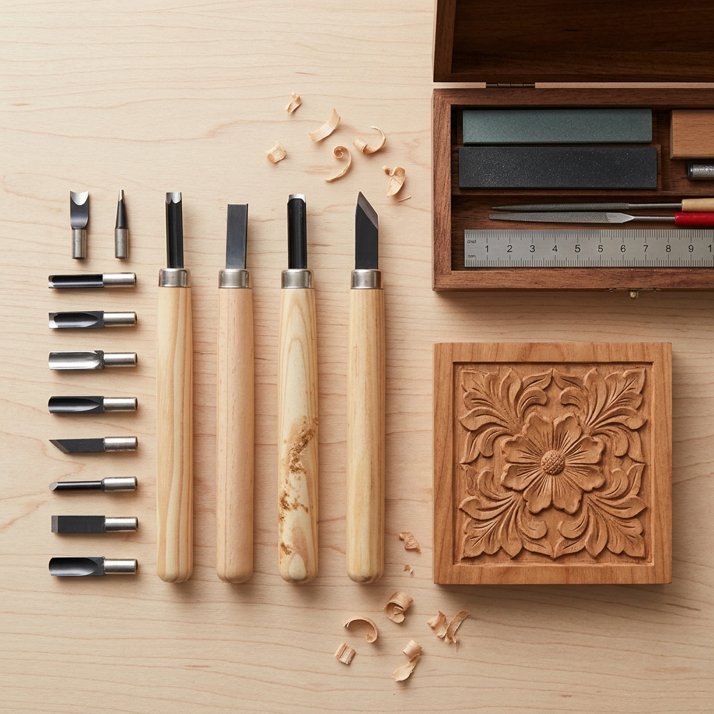 Wood carving and engraving kit with cartridges flatlay on a workbench