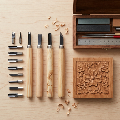 Wood carving and engraving kit with cartridges flatlay on a workbench