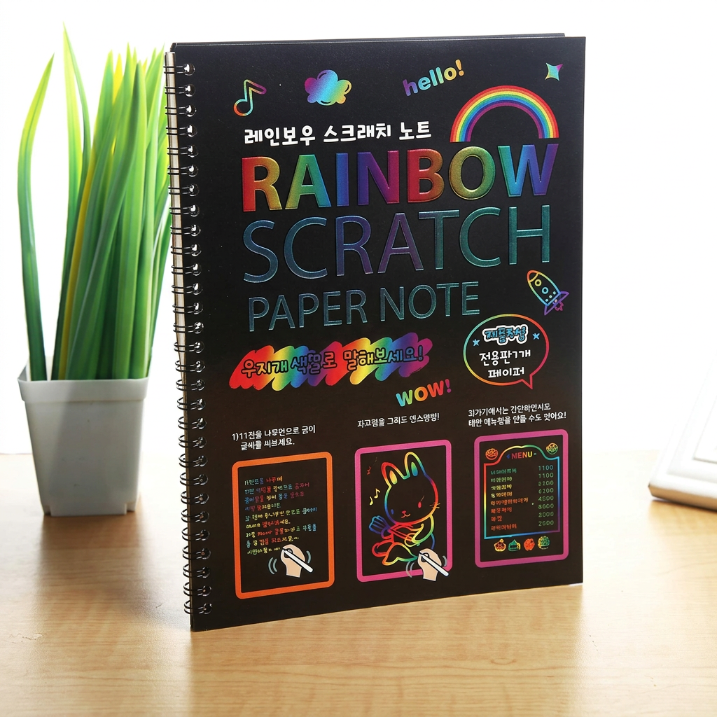 Magic scratch-art book flatlay with stylus and colorful scratched designs