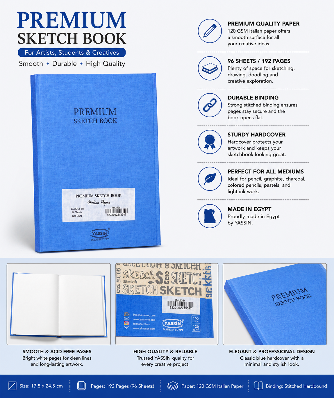 YASSIN Premium Sketch Book A5 – 120 GSM Italian Paper, 96 Sheets (192 Pages), Hardcover Drawing & Sketch Notebook for Artists